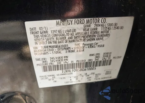 2011 Lincoln Mks z USA, uszkodzony, nr VIN 1LNHL9DR5BG610005